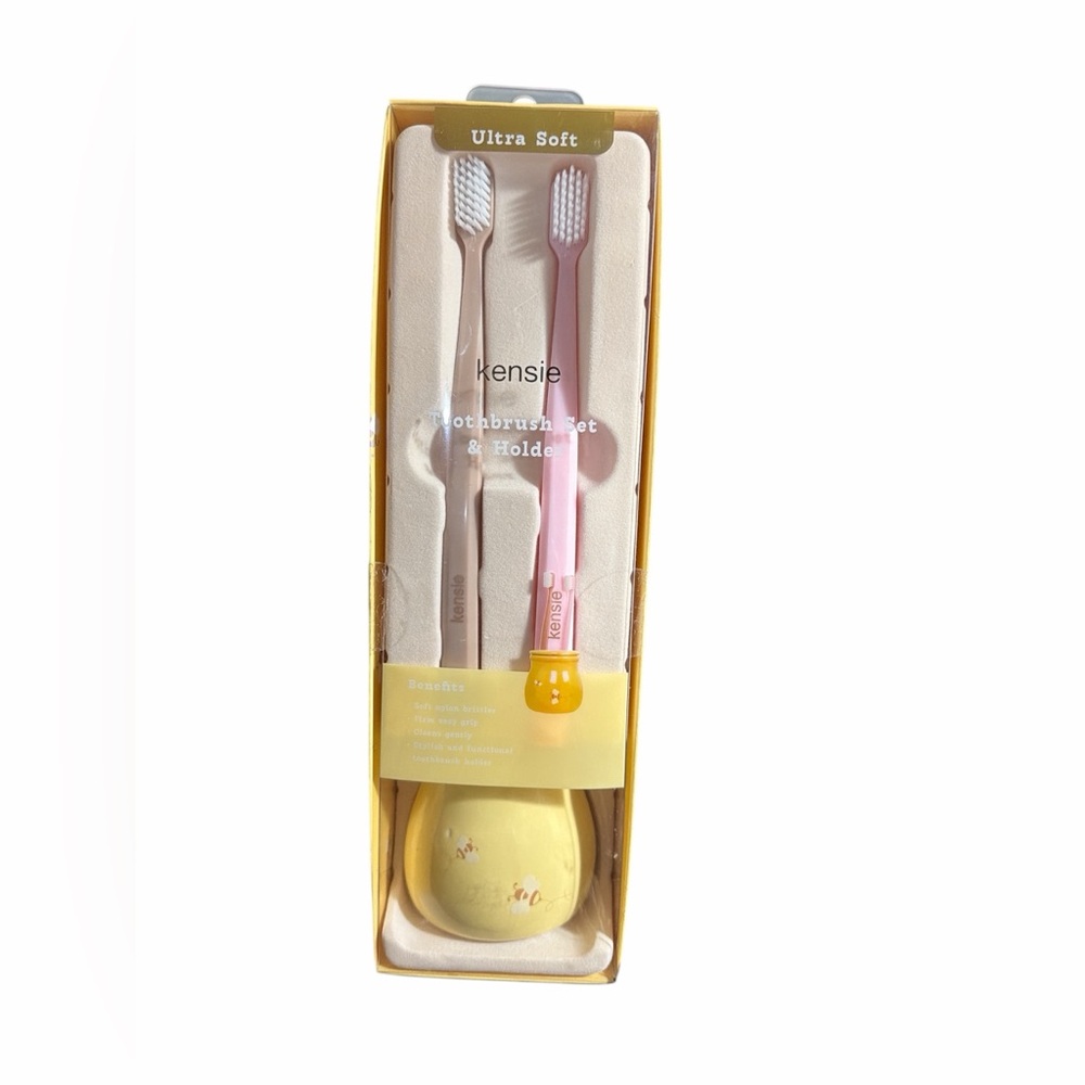 Kensie Pink and Yellow Toothbrush Set with Holder